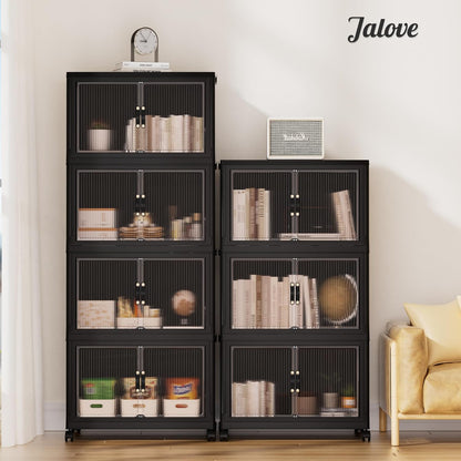 Jalove 50QT Plastic Storage Bins with lids, Stackable Collapsible Storage Containers with Wheels, Closet Organizer and Drawers, Clothes Storage Cabinet for Home Office Garage, 4 Pack Black