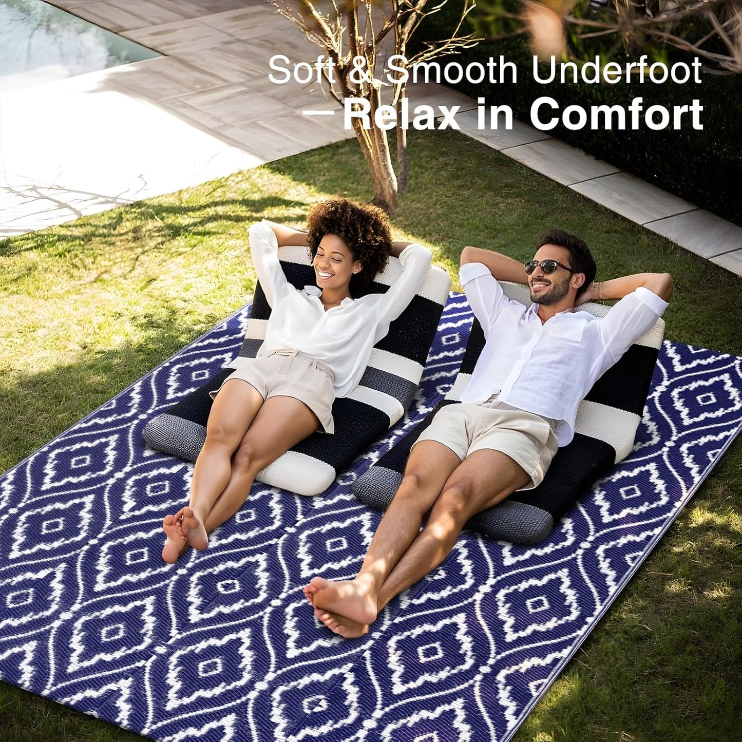 OLANLY Outdoor Rug 5x8 ft Waterproof, Outdoor Plastic Straw Rug with Geometric Pattern Clearance, Reversible RV Mat for Patio, Camping, Balcony, Deck, Backyard, Navy & White