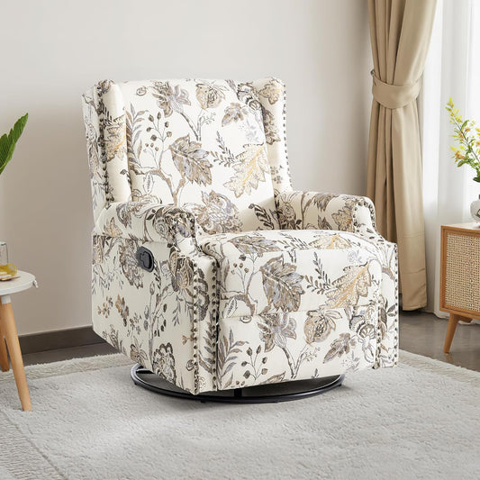 UIXE Swivel Rocker Manual Recliner Chair, Wingback Swivel Glider Fabric Nursery Reclining Sofa Chair, High Back Upholstered Arm Chair for Living Room Bedroom - Beige Plants