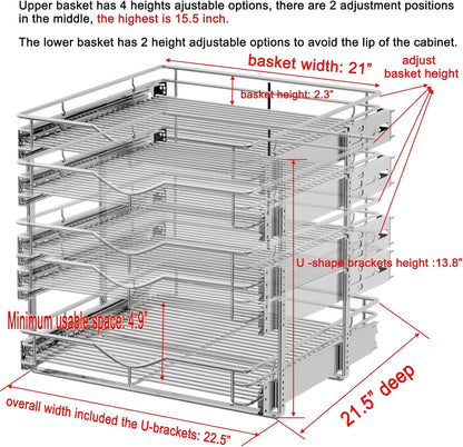 DINDON Pull Out Cabinet Organizer (22-1/2" W x 21-1/2"D), Cabinet Pull Out Shelves, 2 Tier Pull Out Drawers for Kitchen Cabinets, Wire Basket Slide Out Shelf, Pot and Pan Organizer