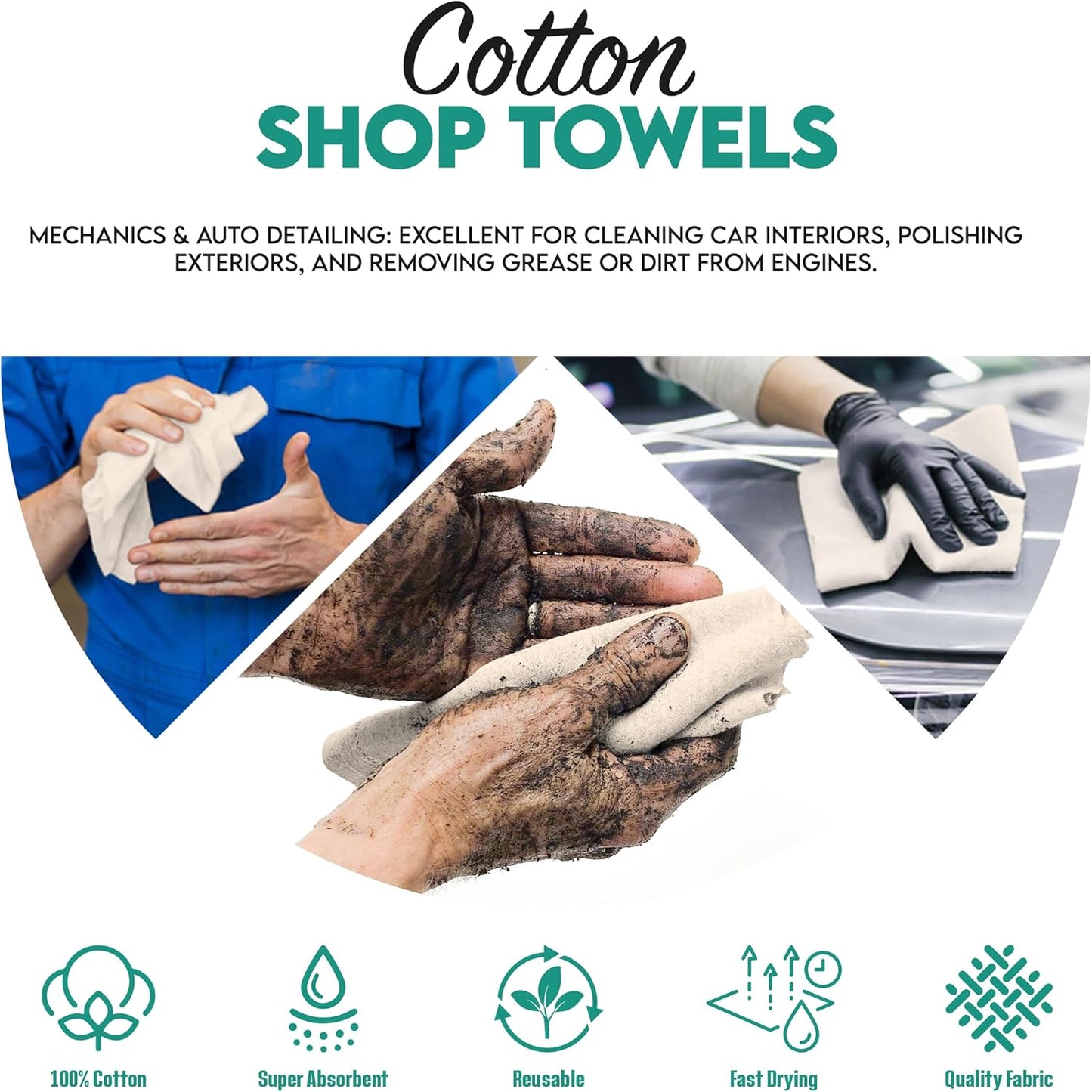 ZUPERIA Cotton Shop Towel – Multipurpose Cleaning Cloths (14" x 12" - Pack of 300 - White) Reusable Shop Rags for Automobiles, Industrial, Restaurants, Garage, and Homes