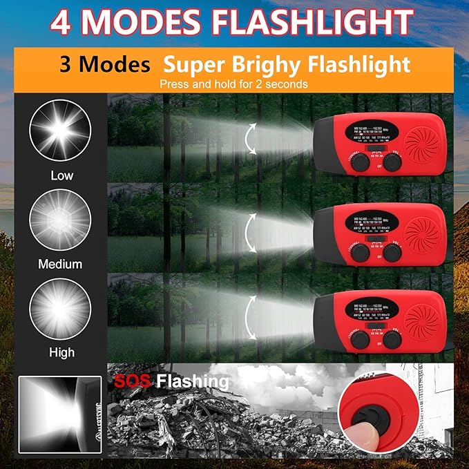 Emergency Radio, NOAA Weather Alert, LED Flashlight, 3 Power Source Emergency Radio Hand Crank, Solar and Battery Powered for Outdoor Emergency Preparedness and Camping