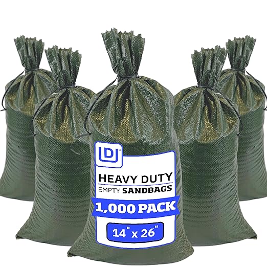 DURASACK Heavy Duty Sand Bags with Tie Strings Empty Woven Polypropylene Sand-Bags for Flood Control with 1600 Hours of UV Protection, 50 lbs Capacity, 14x26 inches, Green, 1000 Count