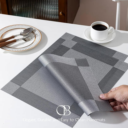 Placemats Set of 6 - Easy Clean Woven Vinyl Placemats for Dining Table, Indoor/Outdoor Place Mats, Washable PVC Table Mats （Silver Cube）