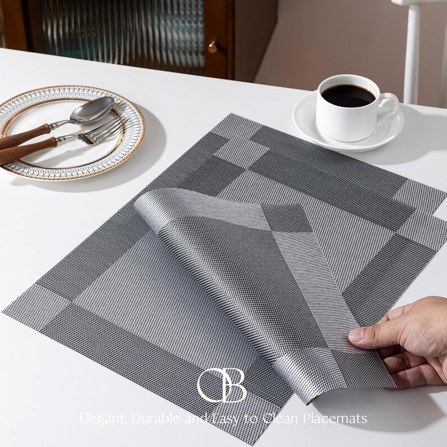 Placemats Set of 8 - Easy Clean Woven Vinyl Placemats for Dining Table, Indoor/Outdoor Place Mats, Washable PVC Table Mats （Silver Cube）