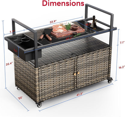 Outdoor Bar Cart with Storage Cabinet, Patio Bar Table with Tempered Glass Tabletop, Outdoor Serving Grill Cart with Rolling Wheels, Rattan Bar Cart for Patio, Backyard, Grey Wicker