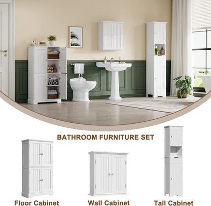 ChooChoo Bathroom Floor Cabinet, Modern Bathroom Storage Cabinet with 4 Doors and Adjustable Shelves, Freestanding Cupboard for Living Room, White