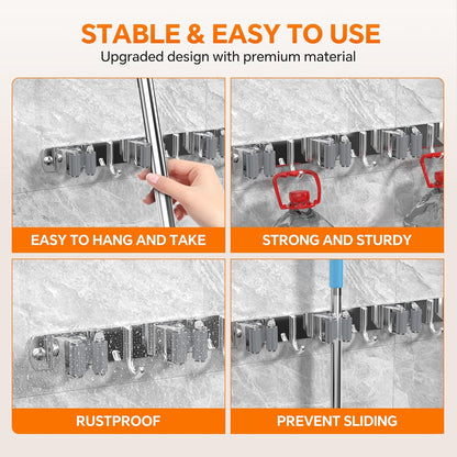5 Grippers Broom Holder Wall Mount with 4 Hooks Stainless Steel Mop and Broom Organizer Self Adhesive or Screw Fixing for Garden Tool Rack Closet Laundry Room Kitchen Garage Storage Utility Hook