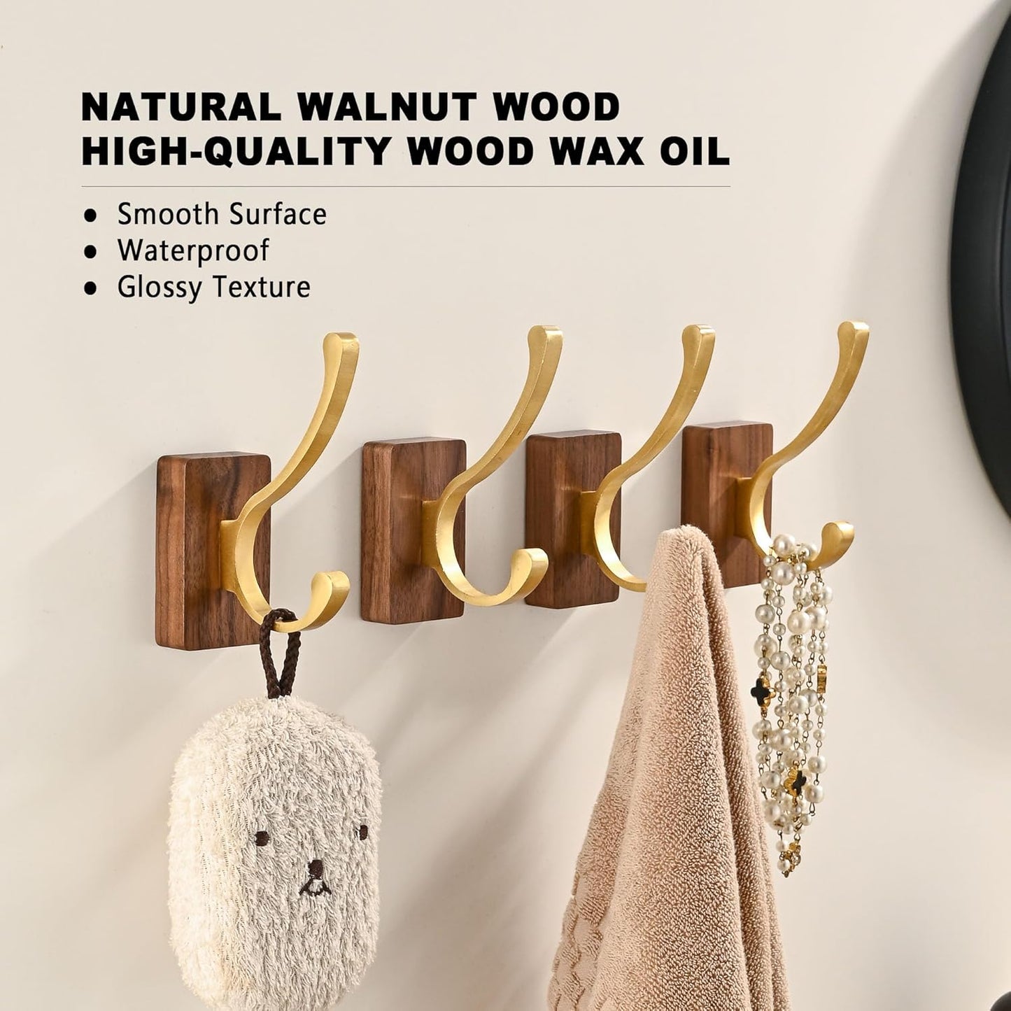 4 Pack Wooden Wall Hooks for Hanging, Adhesive Mounted & Wall Mount Nature Wood Coat Hook for Towel Clothes Blanket Hat Backpack Robe Nursery Door Board Entryway Key Holder Brushed Gold