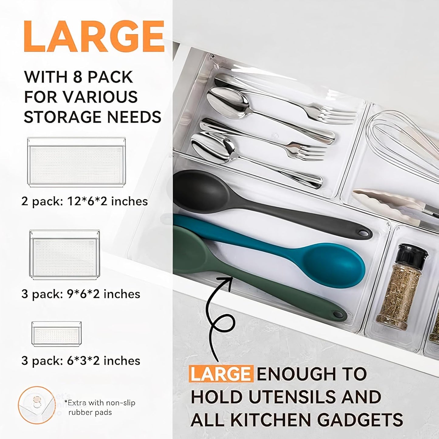8-Pack Clear Plastic Drawer Organizer Trays – Large Dividers for Kitchen Gadgets, Bathroom Storage, Makeup & Vanity Accessories – Multi-Use Home Essentials for Organized Living