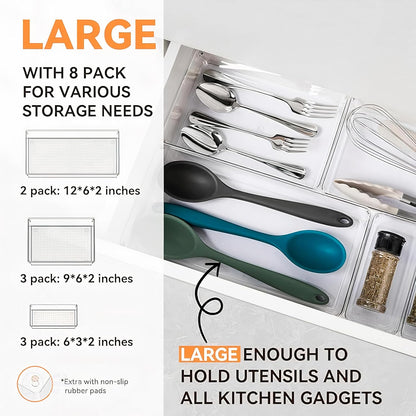 8-Pack Clear Plastic Drawer Organizer Trays – Large Dividers for Kitchen Gadgets, Bathroom Storage, Makeup & Vanity Accessories – Multi-Use Home Essentials for Organized Living