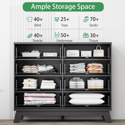 Fluted Dresser for Bedroom with 8 Drawers, 48" Wide Modern Chest of Drawers with Metal Handle, Wooden Dresser TV Stand, Wood Closet Clothes Storage Drawer Organizer for Living Room, Hallway, Black