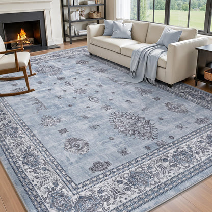 AMOAMI-Vintage Area Rug 6X9 Blue Rugs for Living Room-Soft Living Room Rug Non Slip Rugs for Bedroom Carpet Machine Washable Rug for Dining Room Bedside Office Room Decor