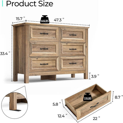 LINSY HOME 6 Drawer Double Dresser for Bedroom, Modern Farmhouse Wide Chest of Drawers, Dressers Organizer for Living Room, Closet, Hallway, Rustic Brown
