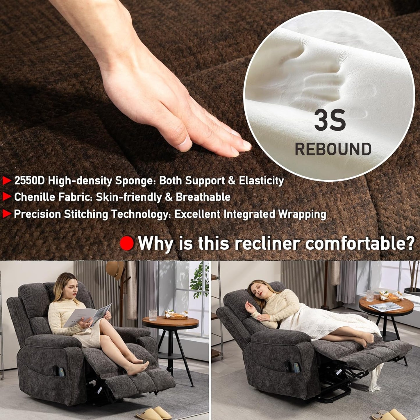 Lazy Boy Recliner Chair, Postoperative Recovery，Retractable 23'' Extra-Long Leg Support Lift Chair Hold up to 400lb，25.5'' Oversized Recliner seat for Big and Tall