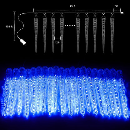 Brightown Christmas Meteor Shower Icicle Lights Outdoor, 30ft with 30 Tube 720 LED Dropping Effect, Waterproof Decorations for House Eave Roofline, Blue