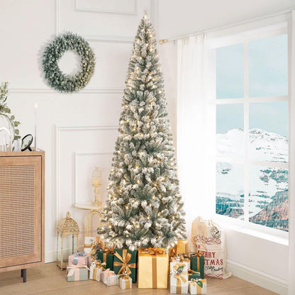 Naomi Home Salzburg 9ft Frosted Prelit Slim Artificial Christmas Tree with 1455 Branch Tips, 500 Warm Lights and Metal Stand, 37" Wide Realistic Snow Flocked Skinny Pencil Christmas Tree