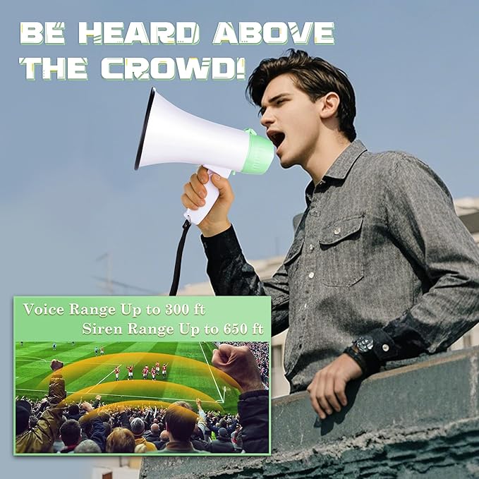 MyMealivos Portable Megaphone Bullhorn 20 Watt Power Megaphone Speaker Voice and Siren/Alarm Modes with Volume Control and Strap (White&Green)