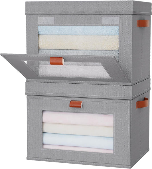 Large Storage Bins with Lids,Stackable&Collapsible Closet Storage Bins,Oxford Fabric Organizer Box with Clear Window,Large Decorative Storage Boxes for Shelves,Wardrobe,Living Room,Dorm(Grey)
