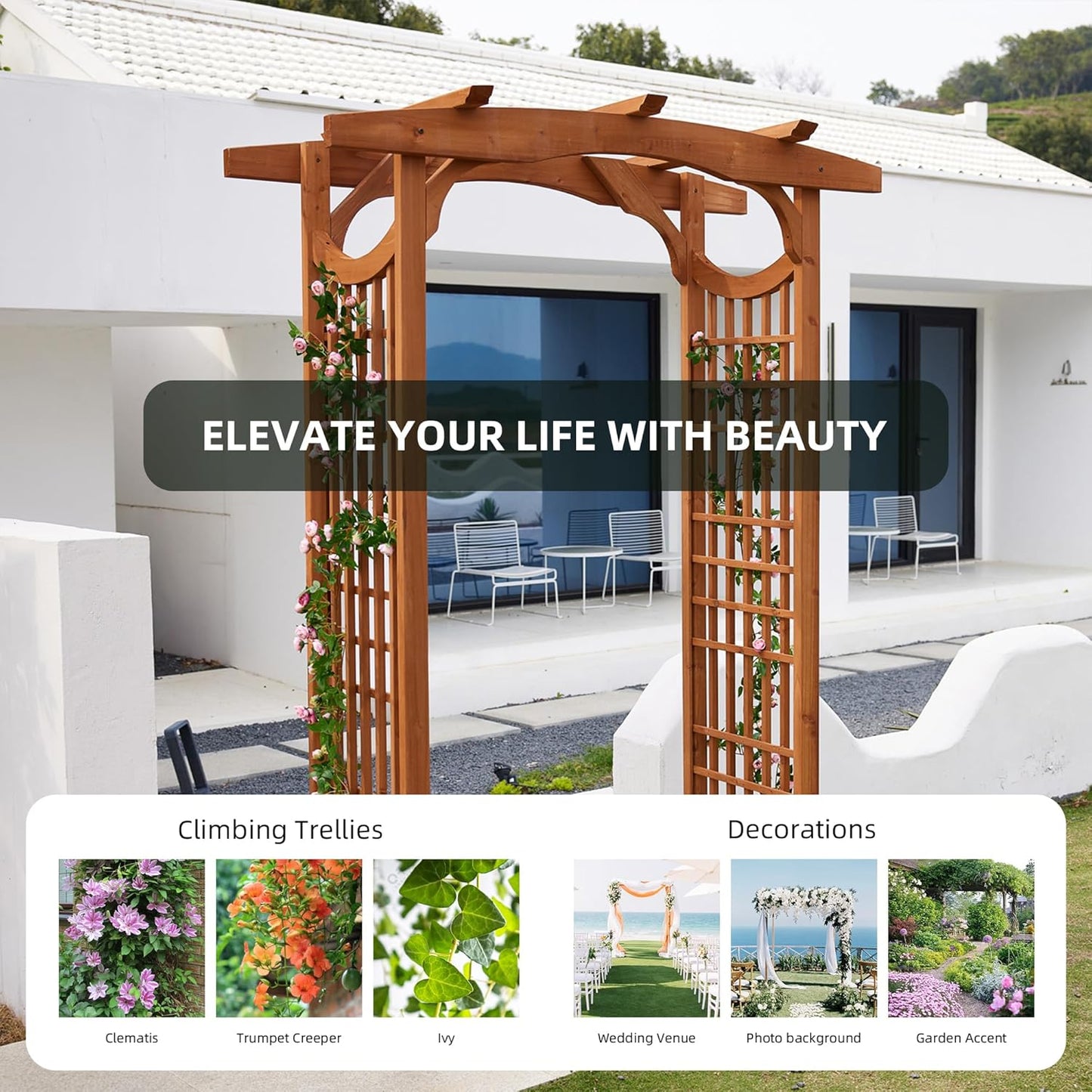 Solid Fir Wooden Garden Arch Premium Outdoor Trellis for Climbing Plants, 83.12”H×59”W×29.75’’D, Also can be Used for Wedding and Party Decoration