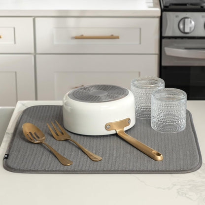 S&T INC. Dish Drying Mat, 16” x 18”, Absorbent Microfiber Kitchen Counter Mat, Drying Pad for Dishes, Utensils, Pots and Pans, Large, Diamond Texture, Grey