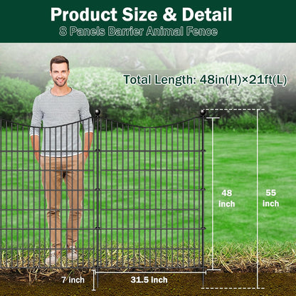 8 Panels No Dig Dog Fence Outdoor for Yard, 48 in(H) X 21 ft(L) Decorative Tall Garden Fence Animal Barrier, Rustproof Metal Wire Garden Edging and Borders, Temporary Fencing Stakes