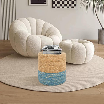 16'' Round Ottoman Natural Seagrass Braided Poof Hand Weaving Round Ottomans Boho Footrest Stool for Home Living Room Bedroom Patio(Natural&Blue)