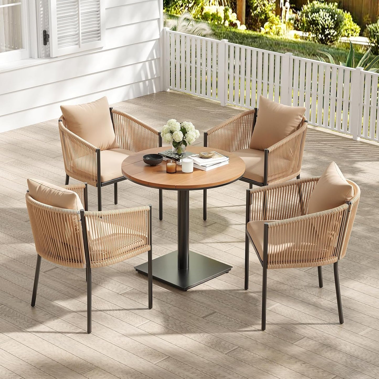 Soohow 5 Pieces Outdoor Dining Set for 4, Patio Table and Chairs Set 4 X Rattan Wicker Patio Chair with Cushions and 1 X Outdoor Table Plastic Wooden Top for Lawn, Deck Backyard, Poolside