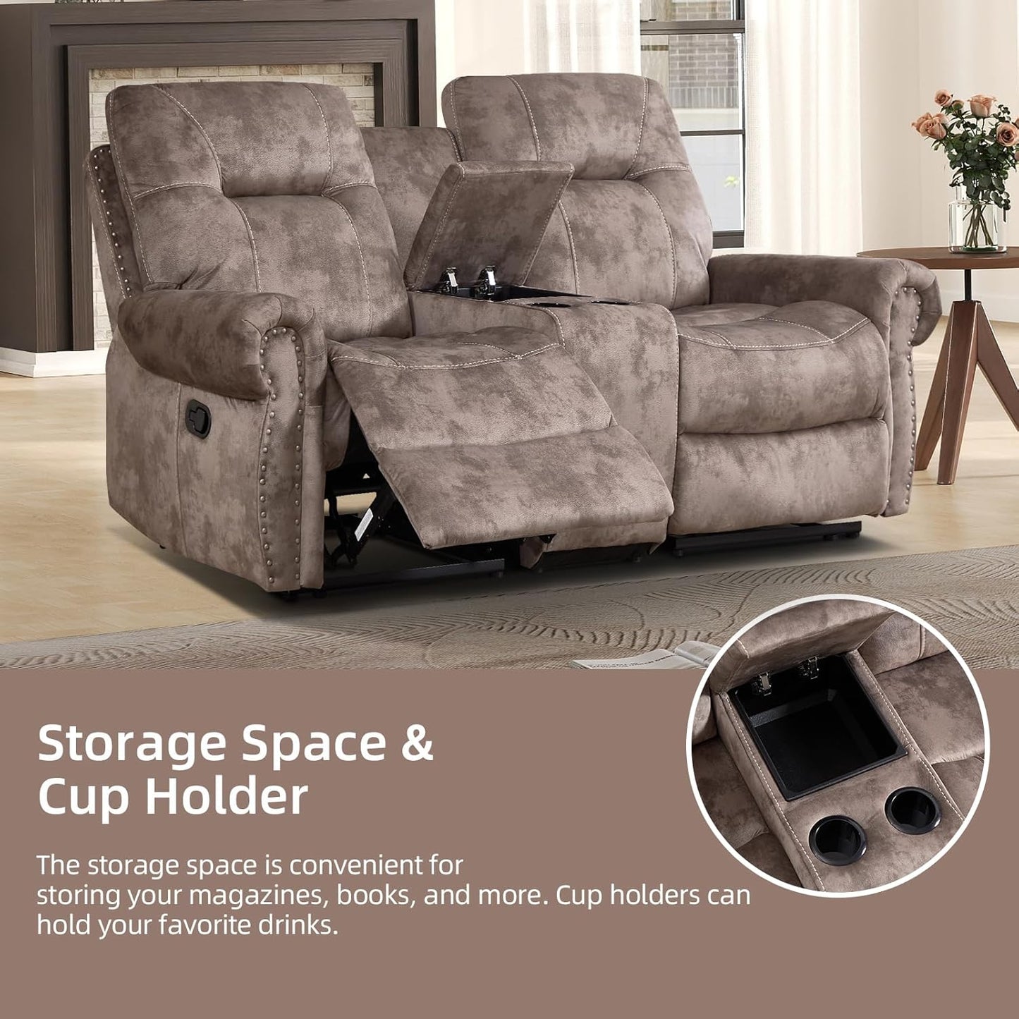 EBELLO 2 Pieces Manual Reclining Couch Furniture Set for Living Room, 2 Seat Loveseat and a 3 Seater Sofa, Vintage Rivet Mid-Century Design for Living Room, Brown