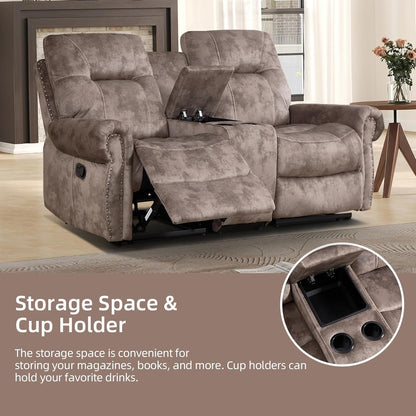 EBELLO 2 Pieces Manual Reclining Couch Furniture Set for Living Room, 2 Seat Loveseat and a 3 Seater Sofa, Vintage Rivet Mid-Century Design for Living Room, Brown