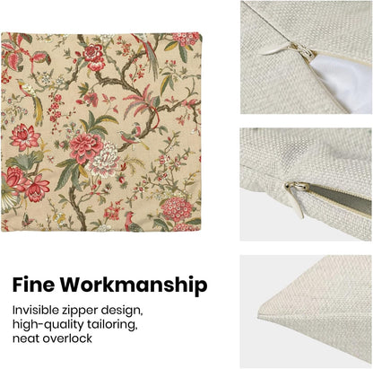 CXMEIFLY Spring Floral Birds Pillow Covers 18 x 18 Inch Set of 2 for Chinoiserie Flowers Decor Throw Pillows Pink Red Plant Outdoor Decorative Cushion Cases for Couch Bed Decorations