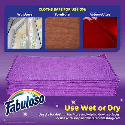 Fabuloso Microfiber Cleaning Cloths, Purple - Lint-Free, Scratch-Free Cleaning Cloths for Surfaces and Wood Furniture - Dustless Cloth for Bold and Bright Cleaning Experience, 12 Count