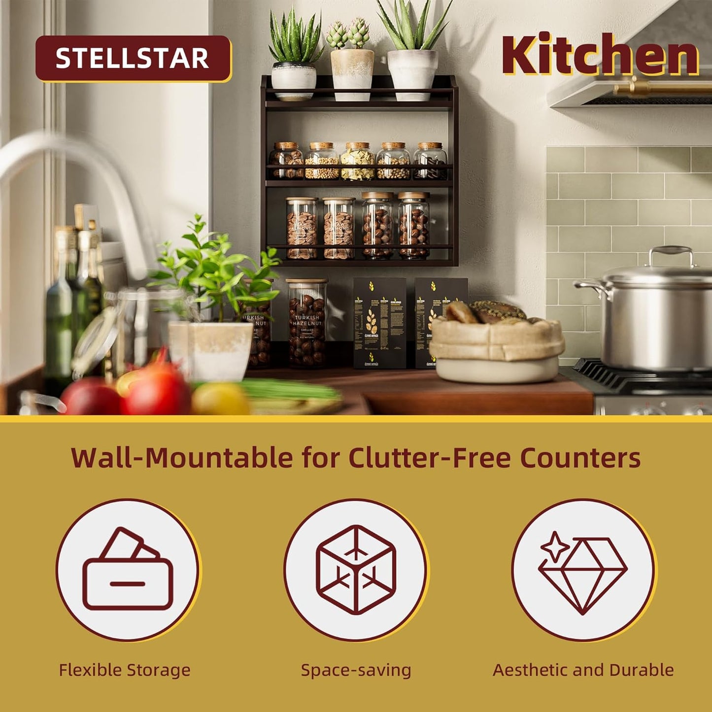 3 Tier Bamboo Wood Spice Rack, Seasoning Bottles Jars Organizer Shelf for Spices or Craft Supplies, Kitchen Counter or Wall Mounting (Brown)