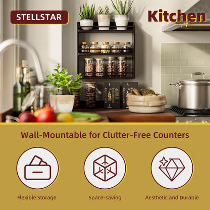 3 Tier Bamboo Wood Spice Rack, Seasoning Bottles Jars Organizer Shelf for Spices or Craft Supplies, Kitchen Counter or Wall Mounting (Brown)