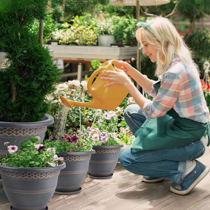 4 Pack 16 Inch Large Plant Pots, Plastic Flower Pot for Indoor & Outdoor with Drainage Holes & Saucer, Plaid Pattern Planters Garden Pots for Herbs Gold