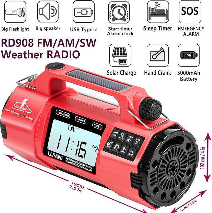 Hand Crank Emergency FM/AM/SW Weather Radio NOAA Alert, USB-C Solar Power, Bright Flashlight with Cell Phone Charger, Timer Clock for Home & Outdoor Hurricane Storm Survival kit