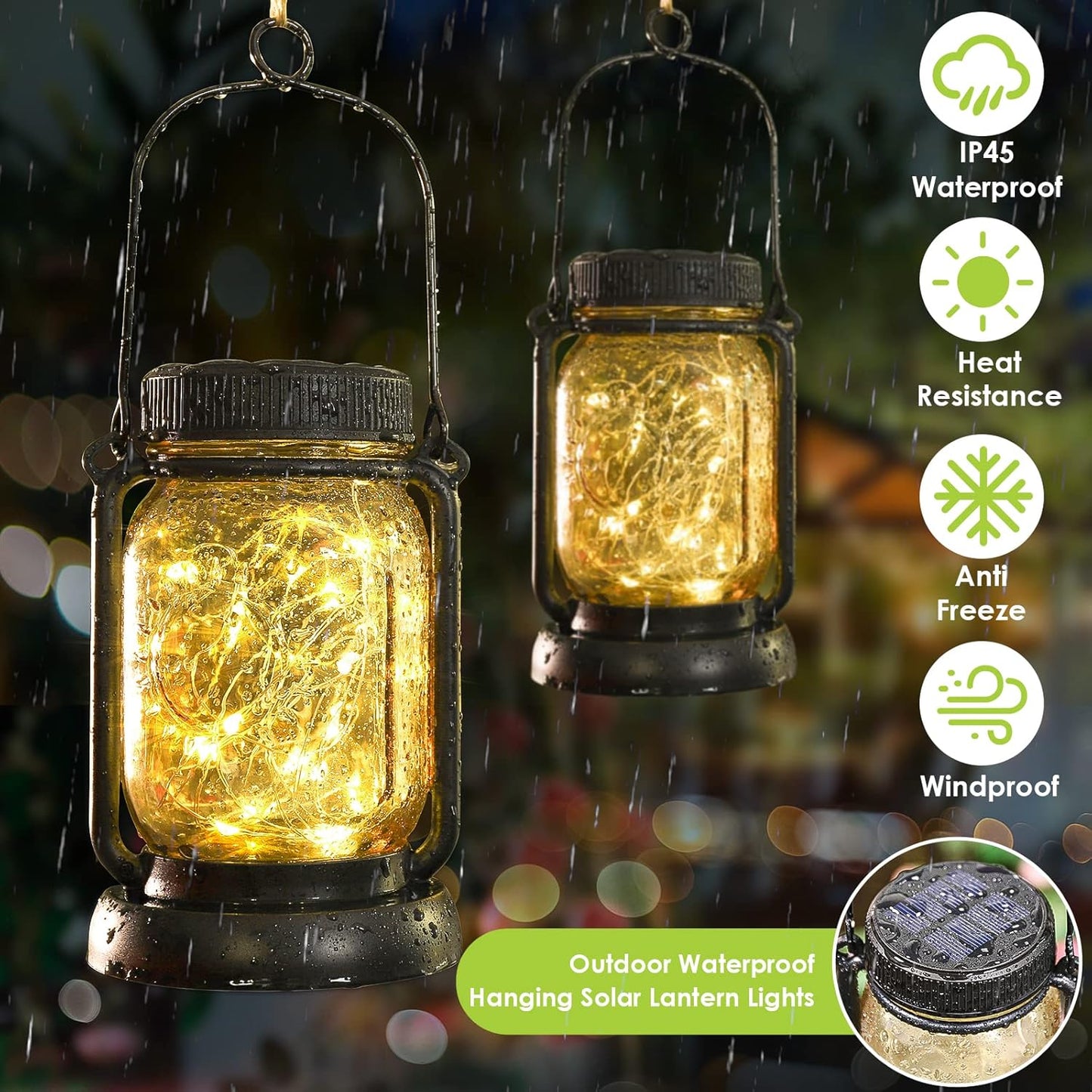 Mlambert 4 Pack Solar Hanging Lantern with Stakes, Outdoor Waterproof Solar Mason Jar Fairy String Lights Decorative Vintage Glass Lamp-Warm White
