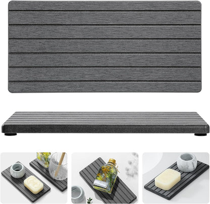 2PCS Diatomite Quick Stone Drying Tray Mat For Bathroom & Kitchen Counter, Instant Dry Water Absorbent Drink Bar Coaster,Vanity Sink Caddy Organizer,Dish Soap Sponge Holder, Dark Gray,8"x3.8"