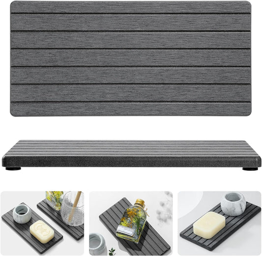 2PCS Diatomite Quick Stone Drying Tray Mat For Bathroom & Kitchen Counter, Instant Dry Water Absorbent Drink Bar Coaster,Vanity Sink Caddy Organizer,Dish Soap Sponge Holder, Dark Gray,8"x3.8"