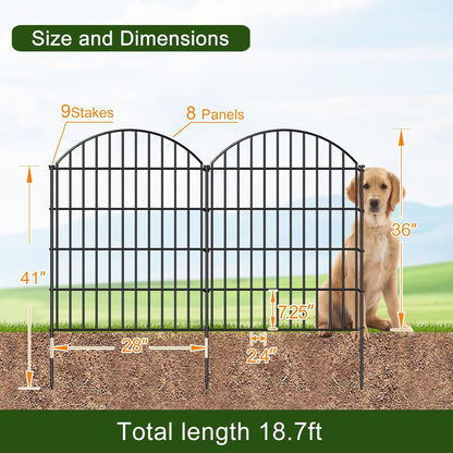 Metal Garden Fence 36in (H) x 18.7ft (L), 8 Panels +9 Stakes Dog Fence Border Fence Animal Barrier, No Dig Garden Fencing for Yard Flower Bed Lawn Patio Outdoor,CTW3608 Black