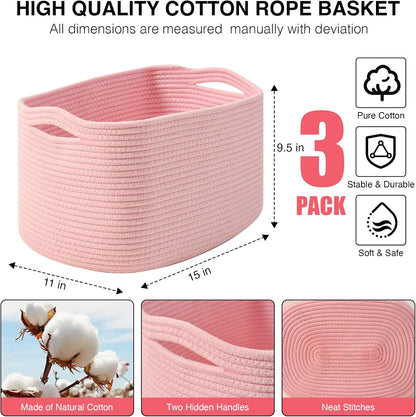 Storage Baskets for Organizing Shelves, Pink Basket for Nursery, Woven Cotton Rope Baskets for Storage, Towel Basket for Bathroom, 15"x11"x9.5", 3 Packs, Light Pink