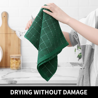 Homaxy 100% Cotton Terry Kitchen Towels(Dark Green, 13 x 28 inches), Checkered Designed, Soft and Super Absorbent Dish Towels, 6 Pack