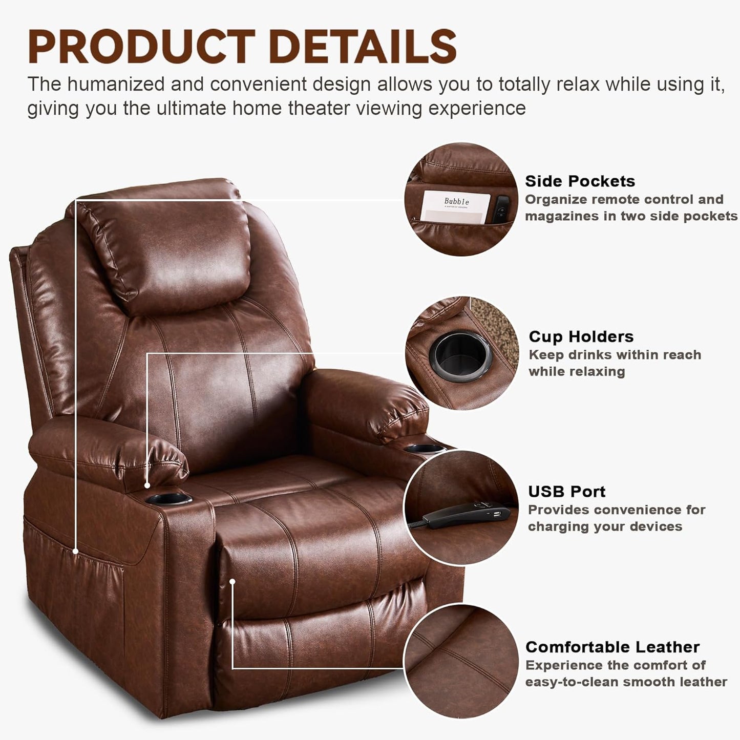 SALOHZA Power Lift Recliner Chair for Elderly with Massage and Heat for Living Room, Electric Recliner Chair for Adults with USB/Type C Port/Cup Holders, PU Faux Leather, Dark Brown