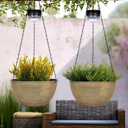 2 Packs Hanging Planters Basket for Outdoor Plants, Solar Powered Self Watering Copper Round Plastic Flower Pots with Drainer for Balcony Patio Garden Outdoor Decoration