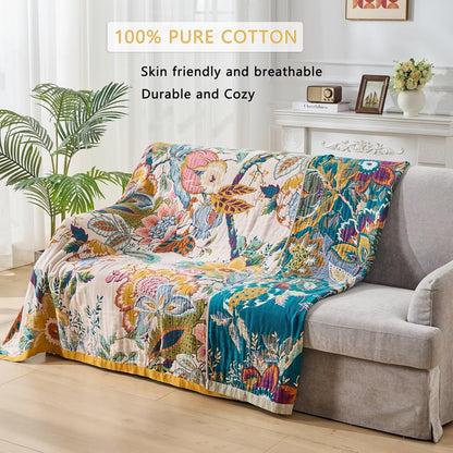 Boho Throw Blanket, Reversible Cotton Bohemian Tapestry Hippie Room Decor Double Sided, 100 Cotton King Size Bed Throw, Lightweight Summer Blanket for Travel, Sofa, Picnic,90"x98"