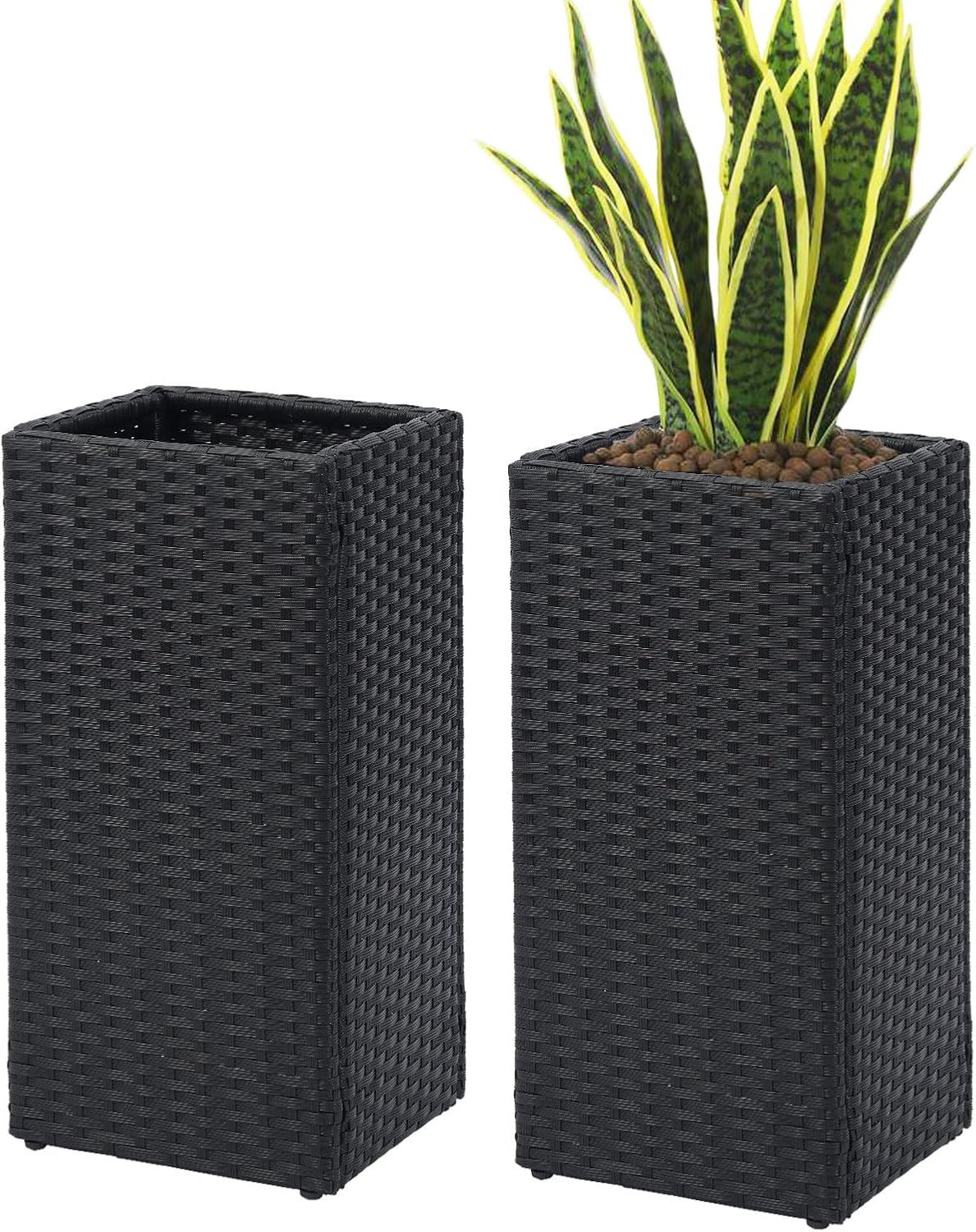 SUNNYPARK 2 Pack Tall Planters for Outdoor Plants Rattan Modern Tall Square Planter Box with Removable Liners Indoor Outdoor Porch Patio Flower Pot (12’’ x 12’’ x 24’’)