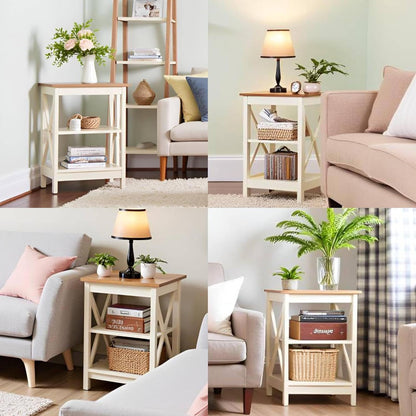 ALPHA HOME Side Table, Farmhouse End Table Set of 2, Bedside Table 3-Tier Storage Shelf for Small Spaces, Sofa Couch Table, Coffee Table, Nightstands Set for Living Room, Bed Room, Ivory