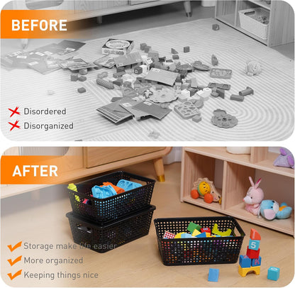 Plastic Storage Baskets With Lid, Storage Bins for Organizing, Stackable Decorative Containers for Shelves Drawers Desktop Closet Playroom Classroom Office, 8 Pack-Black