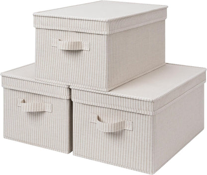 StorageWorks Large Storage Bins with Lids, Decorative Storage Boxes with Lid and Handles, Foldable Storage Baskets for Closet, Shelves, Stackable, Khaki Stripe, 3-Pack