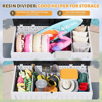 Flamaker Resin Deck Box 250 Gallon, Waterproof Imitation-Wood Lockable Storage Box with Separator Plate Outdoor Indoor, Garden, Patio Furniture for Tools&Pool Accessories (White with Black Cover)
